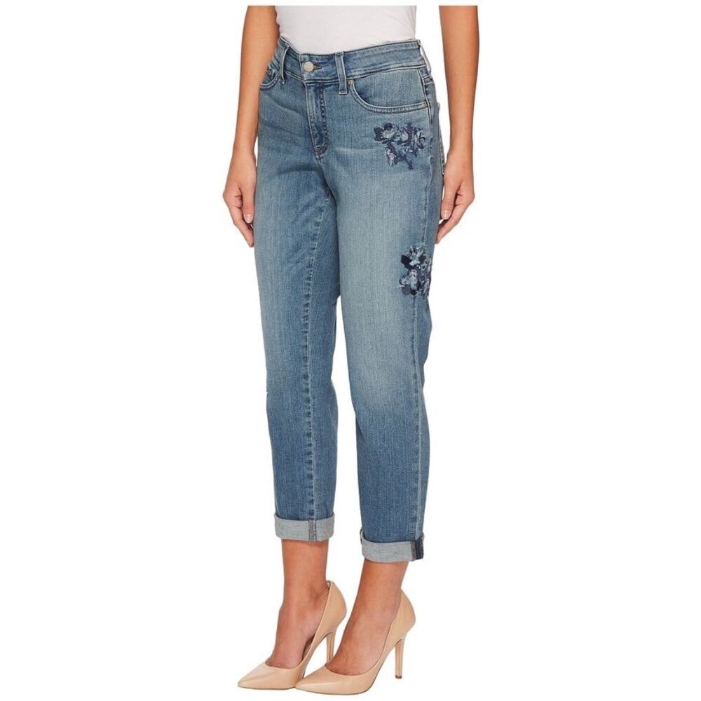 NYDJ Boyfriend Jeans Women Size 12 Blue Denim with Flower Embroidered 5 Pocket - Picture 3 of 13